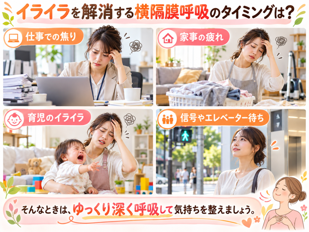 イライラを解消する 横隔膜呼吸のタイミングは？
・仕事での焦り・家事の疲れ・育児のイライラ・信号やエレベーター待ち
そんな時はゆっくり深く呼吸して気持を整えましょう。