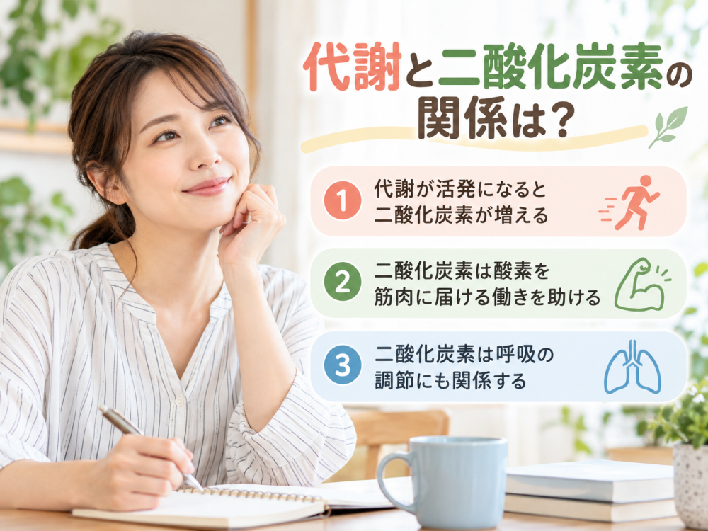 代謝と二酸化炭素の関係は？① 代謝が活発になると二酸化炭素が増える② 二酸化炭素は酸素を筋肉に届ける働きを助ける③ 二酸化炭素は呼吸の調節にも関係する