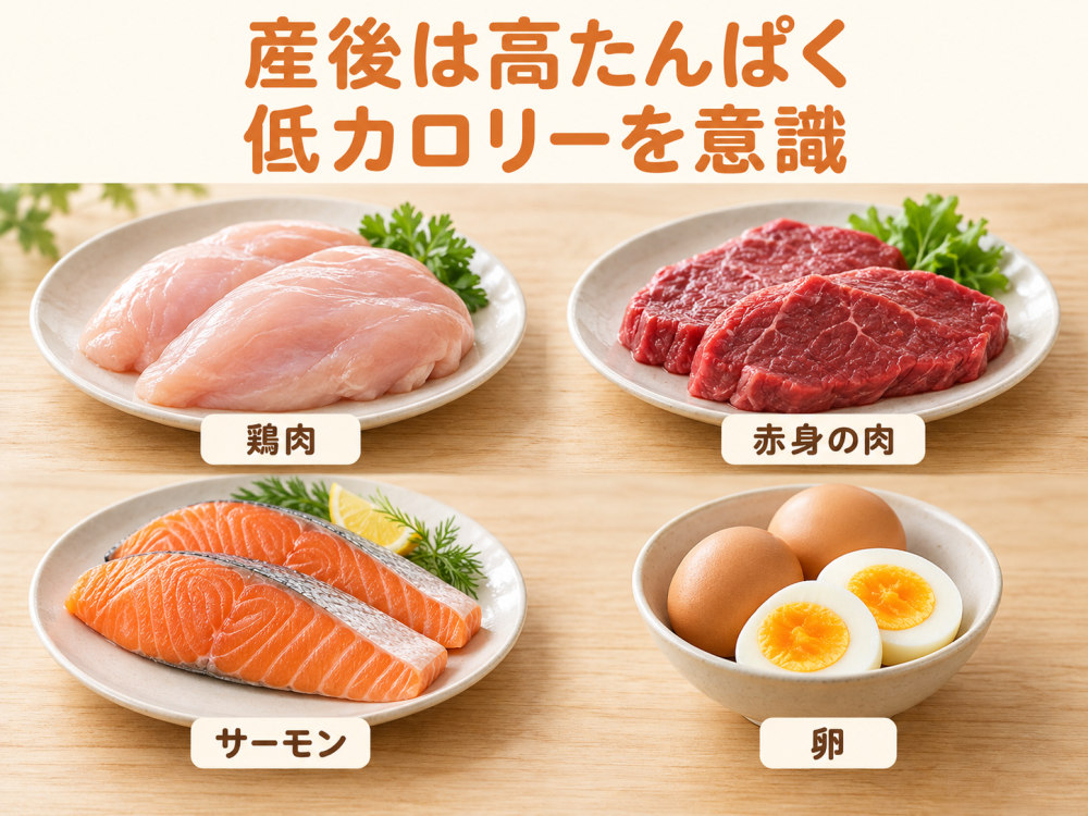 産後は高たんぱく低カロリーを意識・鶏肉・赤身の肉・サーモン・卵