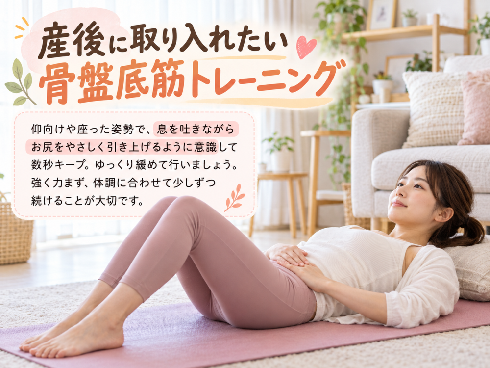 産後に取り入れたい骨盤底筋トレーニング仰向けや座った姿勢で、息を吐きながらお尻をそっと引き上げるように意識し、数秒キープしてゆっくり緩めます。強く力む必要はなく、産後の体調に合わせて少しずつ続けることが大切です。