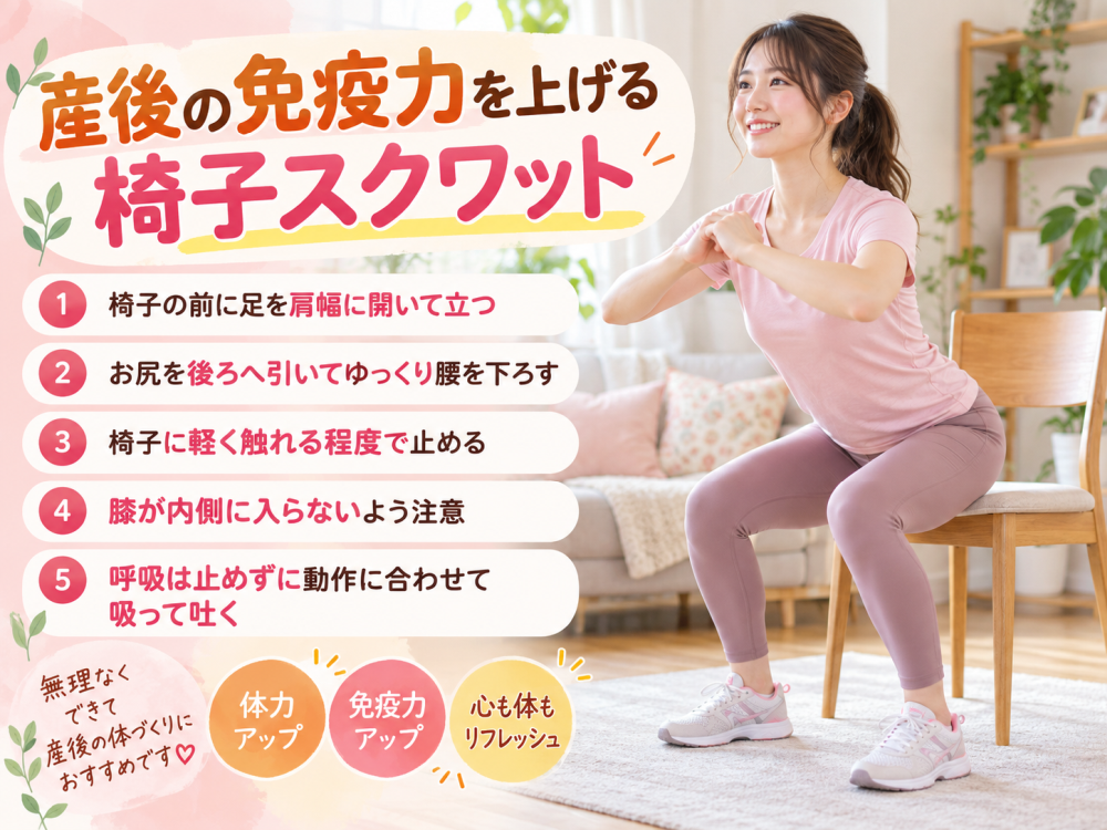 産後の免疫力を上げる椅子スクワット1・椅子の前に足を肩幅に開いて立つ2・お尻を後ろへ引いてゆっくり腰を下ろす3・椅子に軽く触れる程度で止める4・膝が内側に入らないよう注意5・呼吸は止めずに動作に合わせて吸って吐く