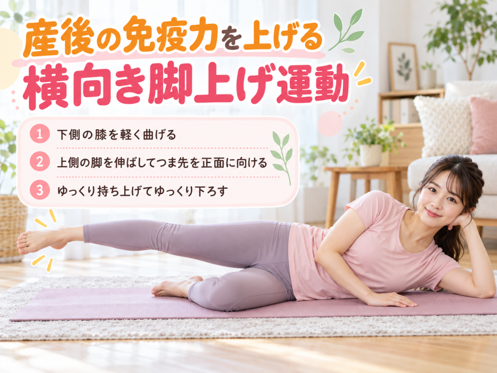 産後の免疫力を上げる横向き脚上げ運動1・下側の膝を軽く曲げる2・上側の脚を伸ばしてつま先を正面に向ける3・ゆっくり持ち上げてゆっくり下ろす