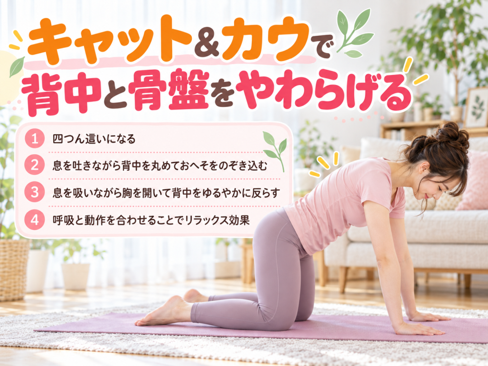 キャット＆カウで背中と骨盤をやわらげる1・四つん這いになる2・息を吐きながら背中を丸めておへそをのぞき込む3・息を吸いながら胸を開いて背中をゆるやかに反らす4・呼吸と動作を合わせることでリラックス効果