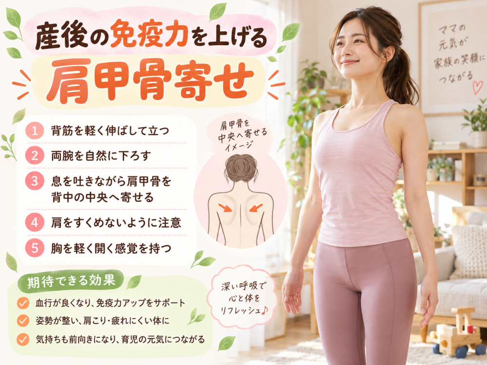 産後の免疫力を上げる肩甲骨寄せを見出しにした1・背筋を軽く伸ばして立つ2・両腕を自然に下ろす3・息を吐きながら肩甲骨を背中の中央へ寄せる4・肩をすくめないように注意5・胸を軽く開く感覚を持つ