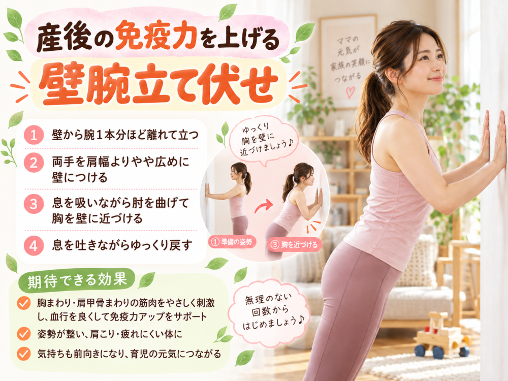 産後の免疫力を上げる壁腕たせ伏せを見出しにした1・壁から腕1本分ほど離れて立つ2・両手を肩幅よりやや広めに壁につける3・息を吸いながら肘を曲げて胸を壁に近づける4・息を吐きながらゆっくり戻す