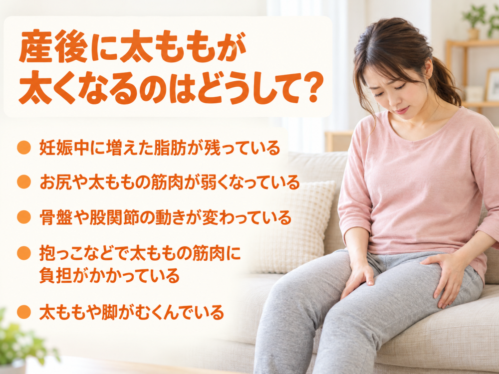 産後に太ももが太くなるのはどうして？- 妊娠中に増えた脂肪が残っている- お尻や太ももの筋肉が弱くなっている- 骨盤や股関節の動きが変わっている- 抱っこなどで太ももの筋肉に負担がかかっている- 太ももや脚がむくんでいる