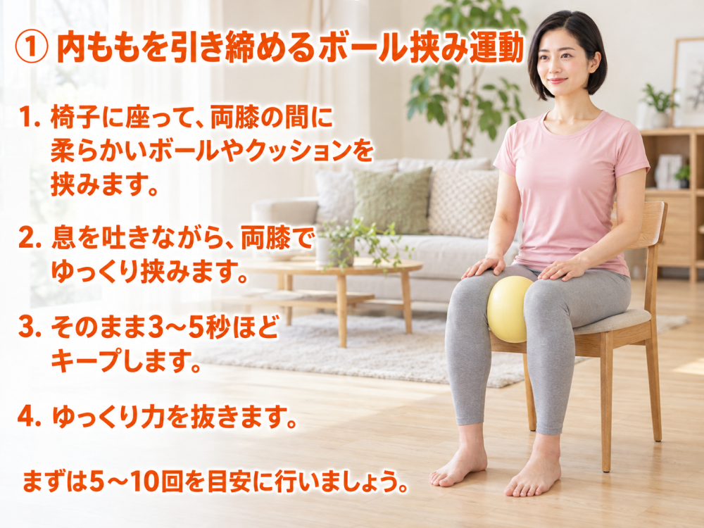 ① 内ももを引き締めるボール挟み運動1. 椅子に座って、両膝の間に柔らかいボールやクッションを挟みます。2. 息を吐きながら、両膝でゆっくり挟みます。3. そのまま3〜5秒ほどキープします。4. ゆっくり力を抜きます。まずは5〜10回を目安に行いましょう。