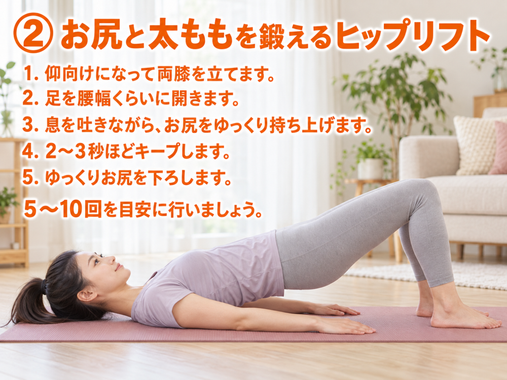 ② お尻と太ももを鍛えるヒップリフト1. 仰向けになって両膝を立てます。2. 足を腰幅くらいに開きます。3. 息を吐きながら、お尻をゆっくり持ち上げます。4. 2〜3秒ほどキープします。5. ゆっくりお尻を下ろします。5〜10回を目安に行いましょう。