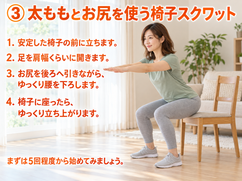 ③ 太ももとお尻を使う椅子スクワット1. 安定した椅子の前に立ちます。2. 足を肩幅くらいに開きます。3. お尻を後ろへ引きながら、ゆっくり腰を下ろします。4. 椅子に座ったら、ゆっくり立ち上がります。まずは5回程度から始めてみましょう。