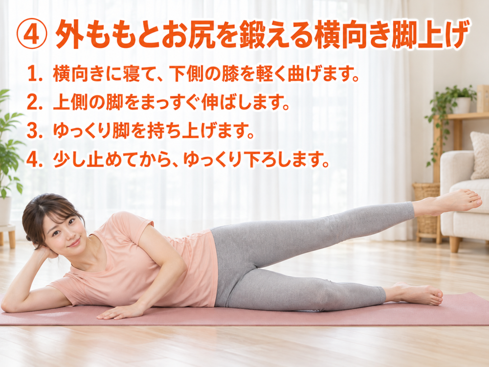 ④ 外ももとお尻を鍛える横向き脚上げ横向きに寝て、下側の膝を軽く曲げます。上側の脚をまっすぐ伸ばします。ゆっくり脚を持ち上げます。少し止めてから、ゆっくり下ろします。