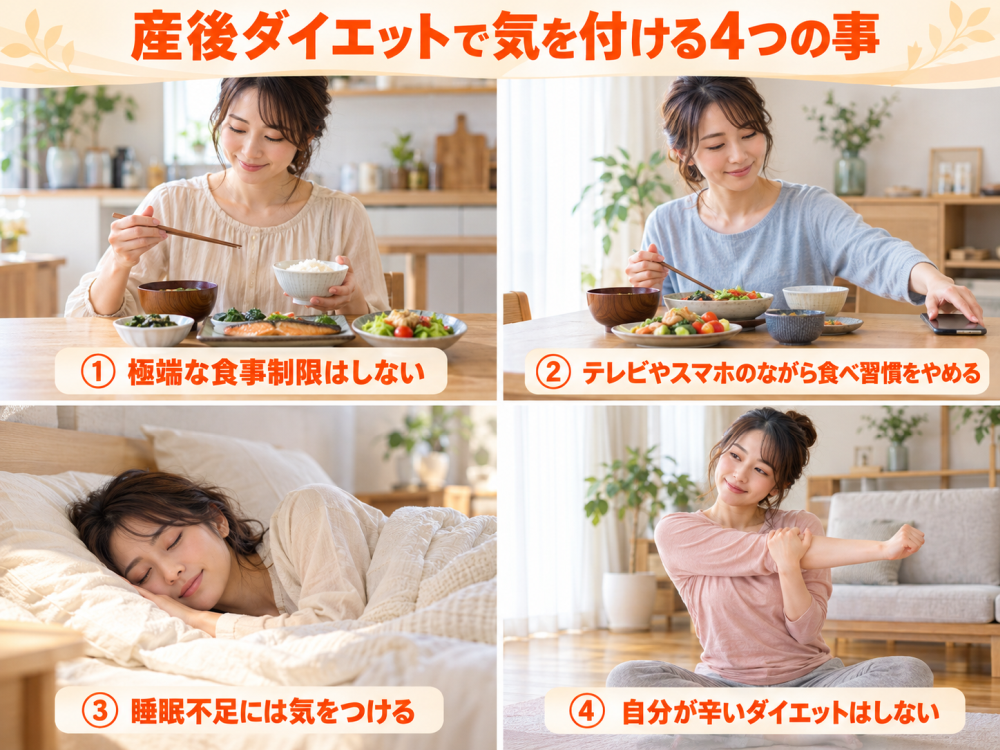 産後ダイエットで気を付ける4つの事① 極端な食事制限はしない② テレビやスマホのながら食べ習慣をやめる③ 睡眠不足には気をつける④ 自分が辛いダイエットはしない