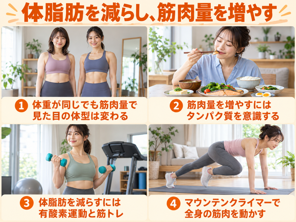 体脂肪を減らし、筋肉量を増やす① 体重が同じでも筋肉量で見た目の体型は変わる② 筋肉量を増やすにはタンパク質を意識する③ 体脂肪を減らすには有酸素運動と筋トレ④ マウンテンクライマーで全身の筋肉を動かす
