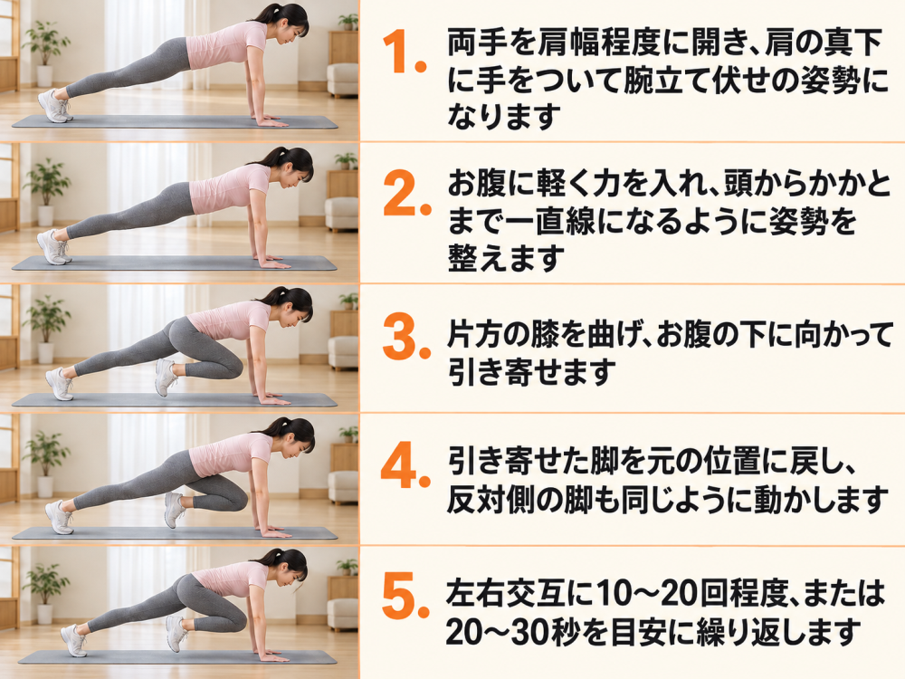 両手を肩幅程度に開き、肩の真下に手をついて腕立て伏せの姿勢になりますお腹に軽く力を入れ、頭からかかとまで一直線になるように姿勢を整えます片方の膝を曲げ、お腹の下に向かって引き寄せます引き寄せた脚を元の位置に戻し、反対側の脚も同じように動かします左右交互に10〜20回程度、または20〜30秒を目安に繰り返します