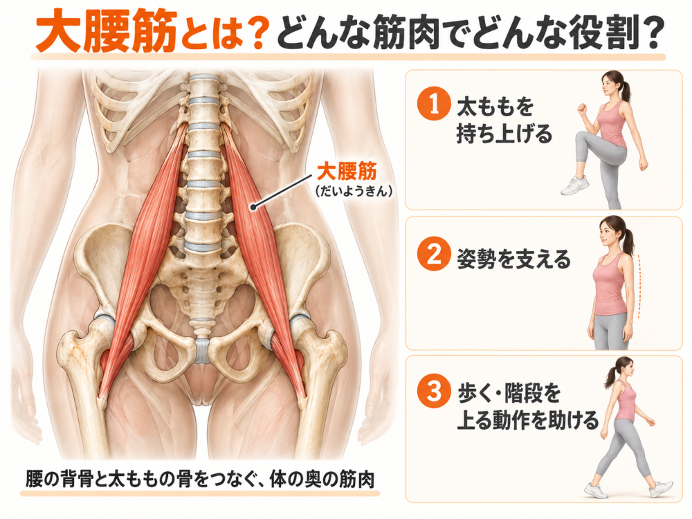 大腰筋とは?どんな筋肉でどんな役割？①太ももを持ち上げる②姿勢を支える③歩く・階段を上る動作を助ける