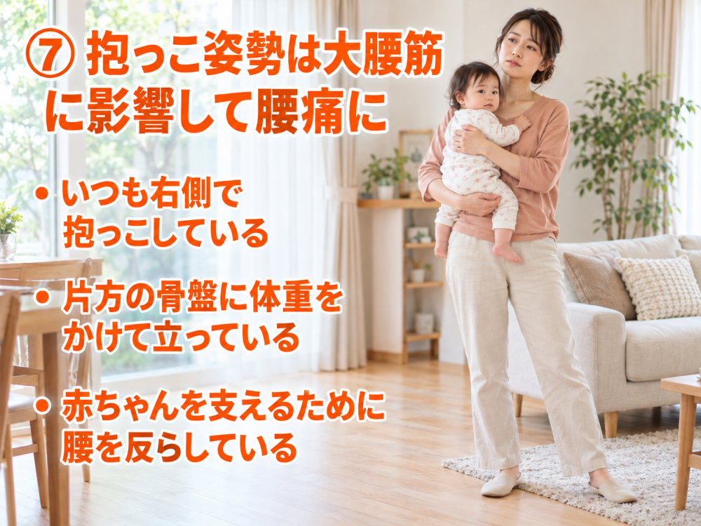 ⑦ 抱っこ姿勢は大腰筋に影響して腰痛に・「いつも右側で抱っこしている」・「片方の骨盤に体重をかけて立っている」・「赤ちゃんを支えるために腰を反らしている」