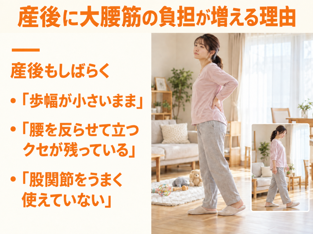 産後に大腰筋の負担が増える理由産後もしばらく・「歩幅が小さいまま」・「腰を反らせて立つクセが残っている」・「股関節をうまく使えていない」
