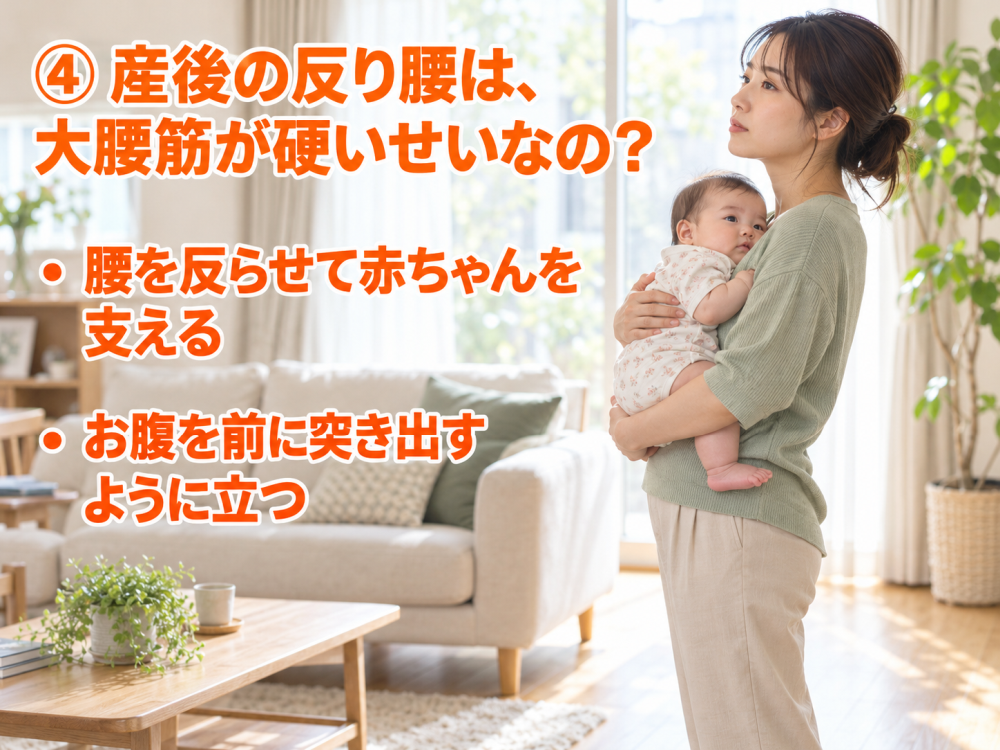 ④ 産後の反り腰は、大腰筋が硬いせいなの？・「腰を反らせて赤ちゃんを支える」・「お腹を前に突き出すように立つ」