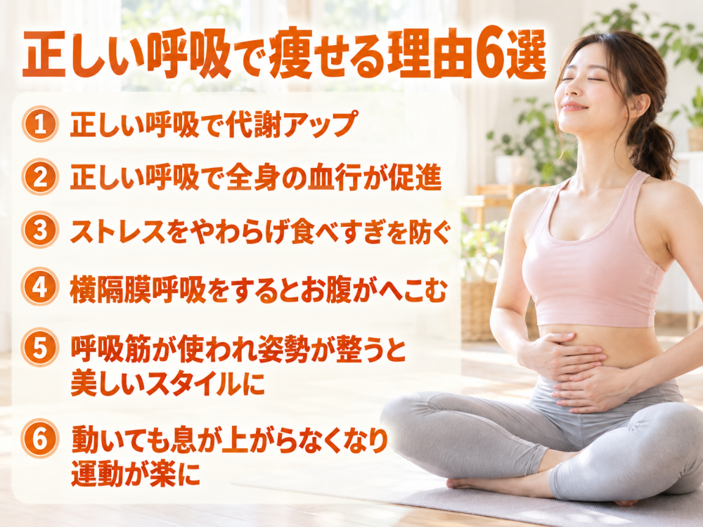 正しい呼吸で痩せる理由6選①正しい呼吸で代謝アップ②正しい呼吸で全身の血行が促進③ストレスをやわらげ食べすぎを防ぐ④横隔膜呼吸をするとお腹がへこむ⑤呼吸筋が使われ姿勢が整うと美しいスタイルに⑥動いても息が上がらなくなり運動が楽に