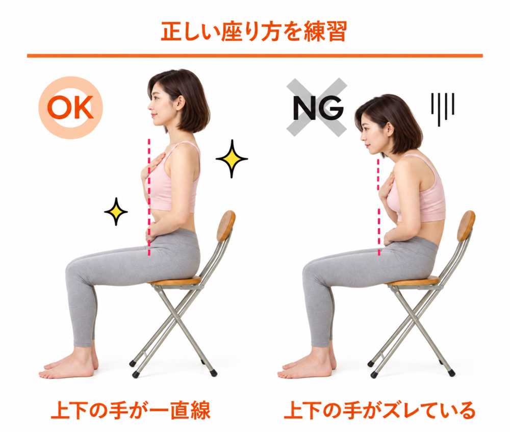 正しい座り方を練習OK・上下の手が一直線NG・上下の手がズレている