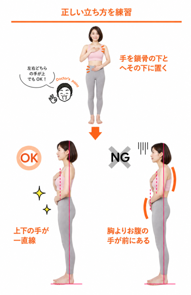 正しい立ち方を練習手を鎖骨の下とへその下に置くOK・上下の手が一直線NG・胸よりお腹の手が前にある